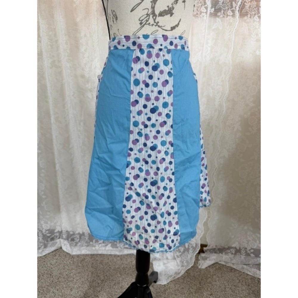 Vintage 1950's Handmade Blue Polka Dot Half Apron with Pockets and Rickrack Trim